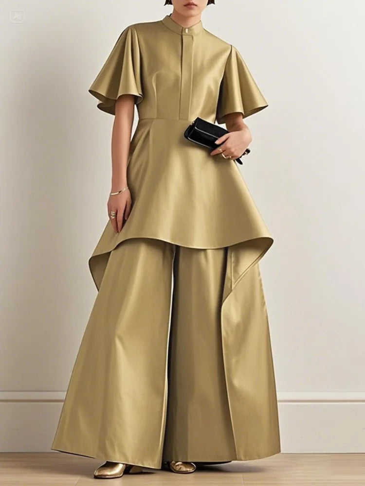 Polyester Solid Pleated Stand Collar Top — Gold | KIMLUD