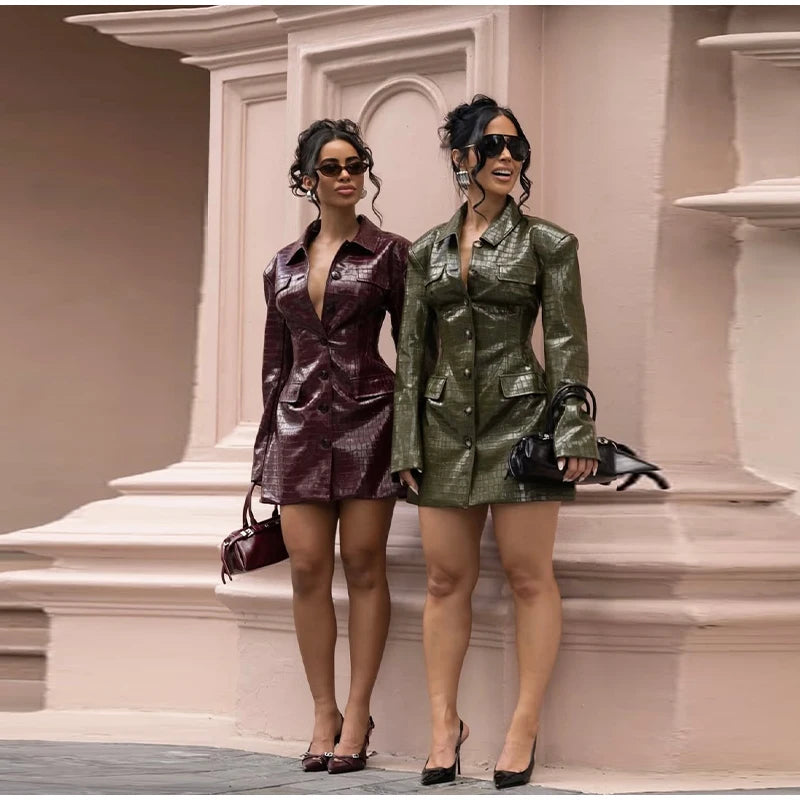 2026 Spring New Leather Blazer Mini Dress For Women Chic Lapel Long Sleeve Pockets Suit Jacket Lady Chic Single Breasted Outwear