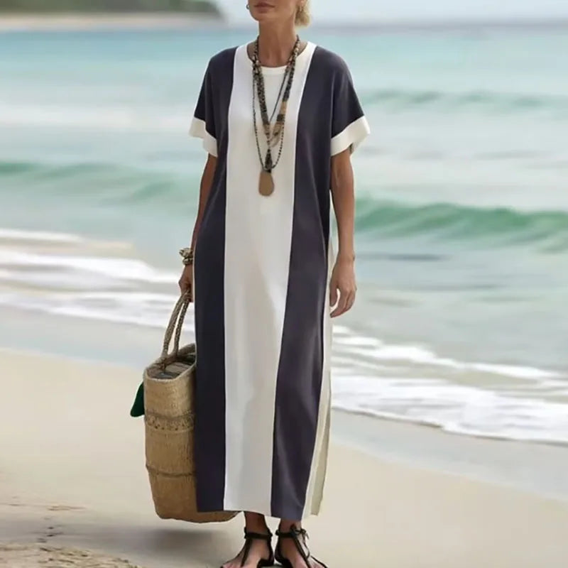 Spring Elegant Crew Neck Holiday Beach Dress Woman Chic Contrast Color Patchwork Long Dress Summer Short Sleeve Split Boho Dress