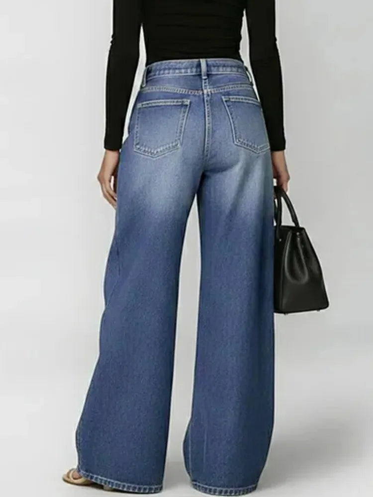 Women's Washed Blue High-Waist Metal Grommet Wide Leg Jeans 2026 Casual Loose Fit Streetwear Pants Casual Trousers