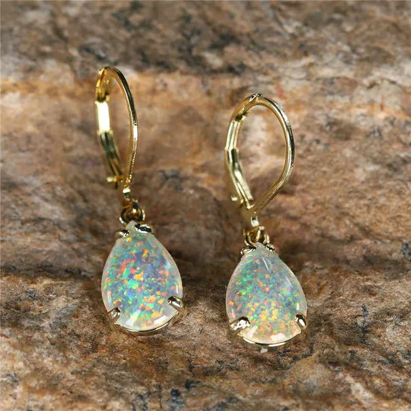 Female White Blue Fire Opal Stone Classic Gold Color Water Drop Earrings Cute Dangle Boho Jewelry For Women