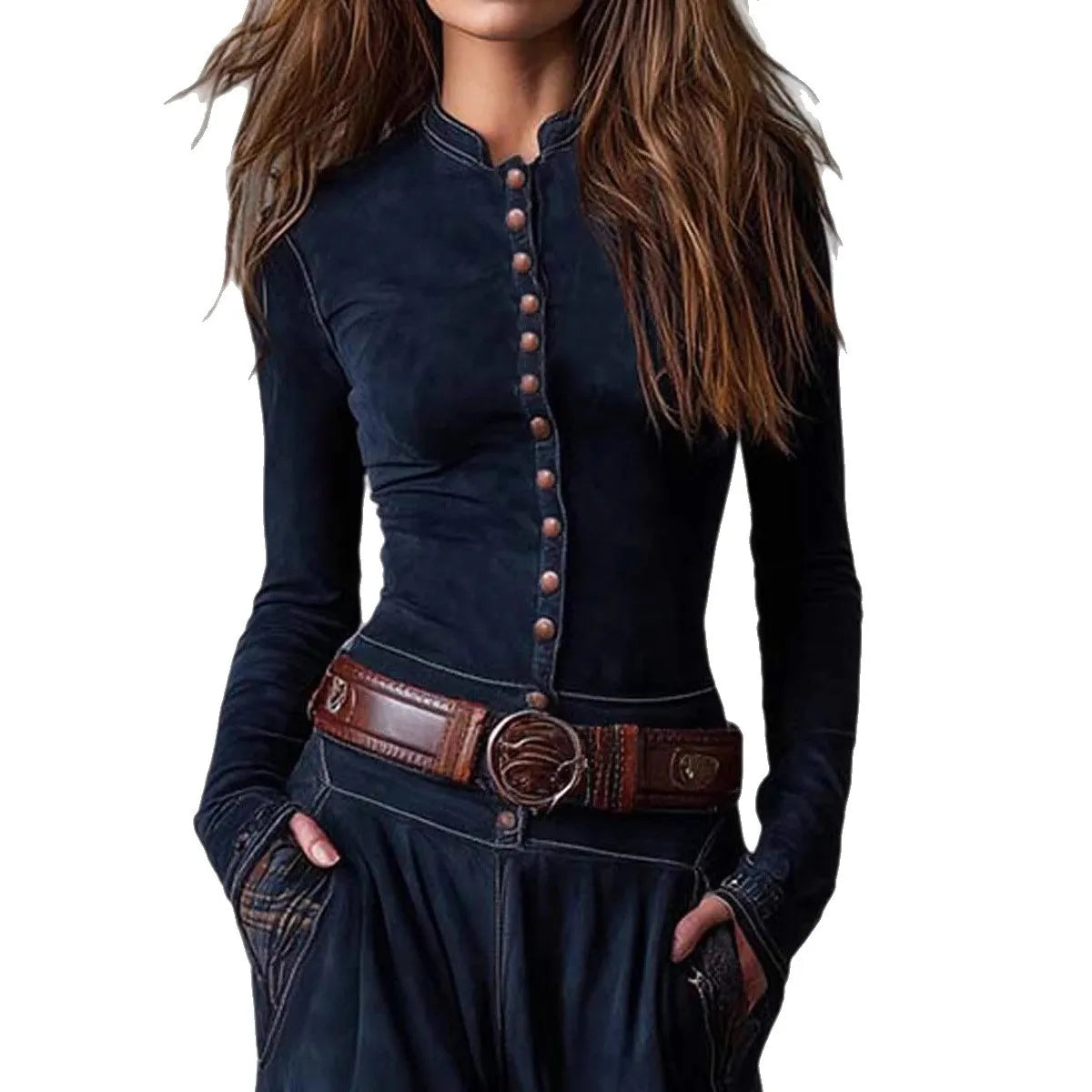 Suede Plaid Dress A-Line Long Sleeve Belted With Retro Pockets — Midnight Navy | KIMLUD