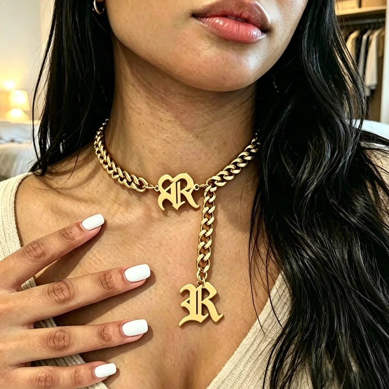 Choker Necklace – Initial Letter Drop – Gold Plated – Gold | KIMLUD