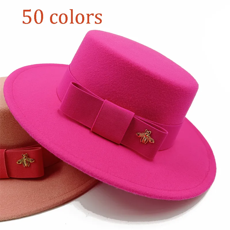 Wholesale Fedora hats Winter round concave convex surface flat top bow elastic ribbon men&#39;s and women&#39;s felt jazz hats Fedora - KIMLUD