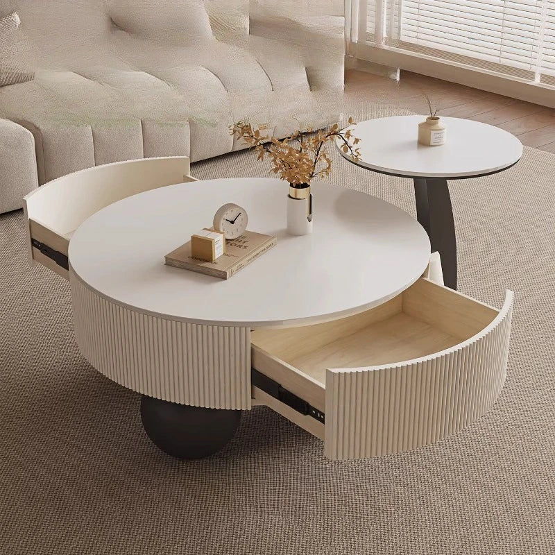 Minimalist Round Coffee Table With Storage Drawers — Ivory White | KIMLUD