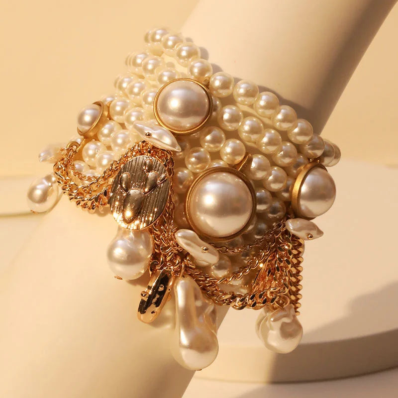 Handmade Bead Imitation Pearl Tassel Bracelet Multi-Layered — Gold | KIMLUD