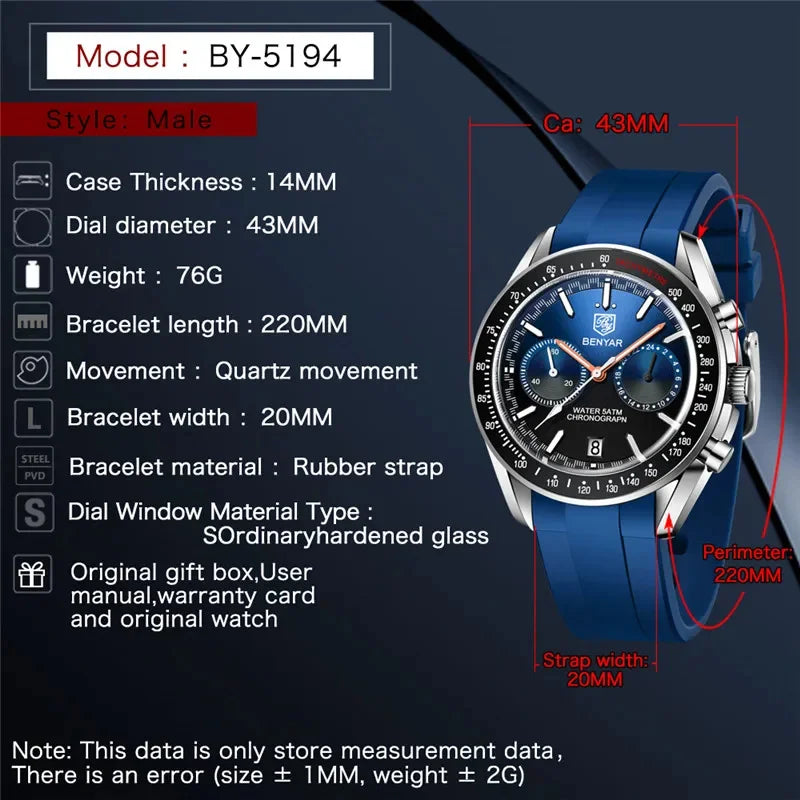 BENYAR Mens Watches Top Luxury Moon Watch For Men Quartz Chronograph Waterproof Military Sports Luminous Clock Reloj Hombre