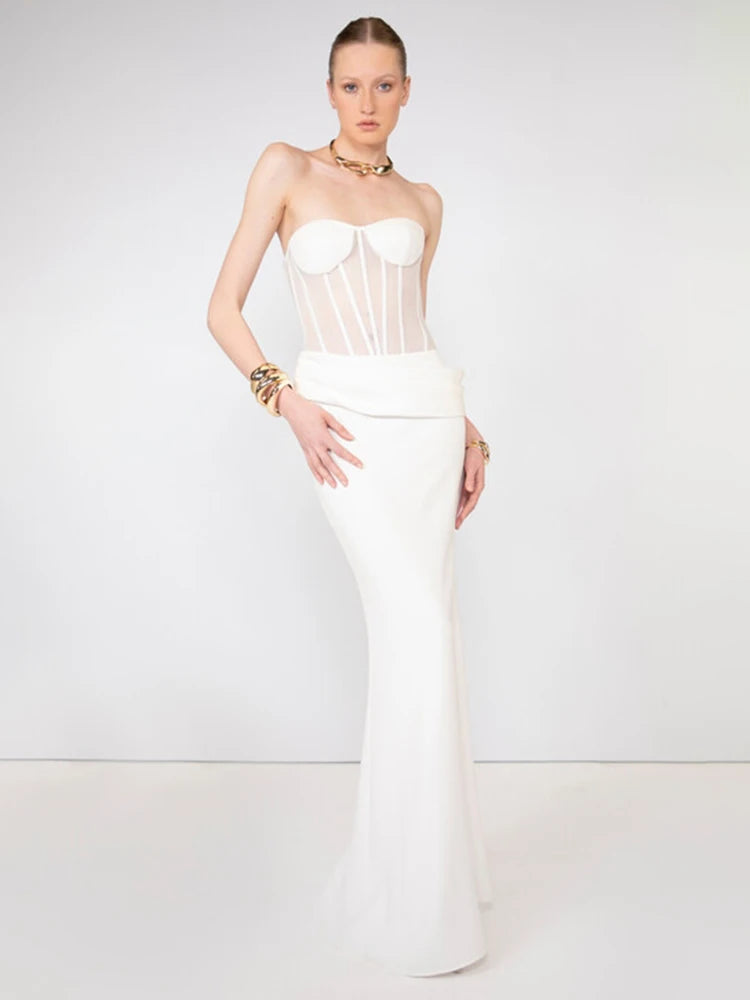 VC Elegant White Corset Simple Wedding Dress – Strapless Sheer Bodice Maxi Dress for Women Modern Minimalist Engagement Dress
