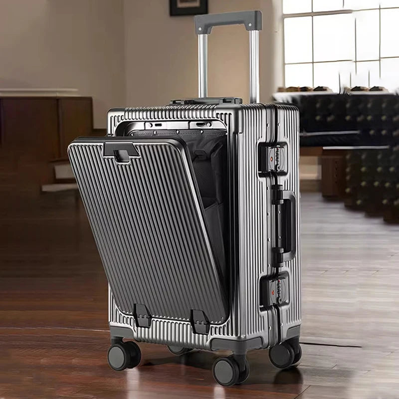 New Suitcase Front Opening Laptop Bag Aluminum  Frame Luggage with USB Port Password Trolley Case Travel Suitcases 20-28 inch