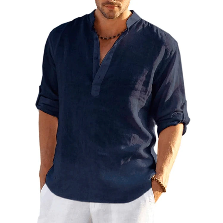 New Men's Linen Long Sleeve T-Shirt Solid Color Loose Casual Shirt Long Sleeve Cotton Linen Shirt - KIMLUD