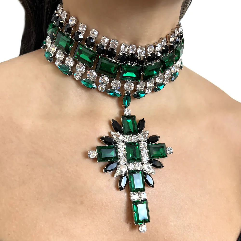 Green Corss Pendant Choker Bridal Collar Charms Party Accessories Statement Necklace Rhinestone Jewelry Pendant Wholesale Gift - KIMLUD