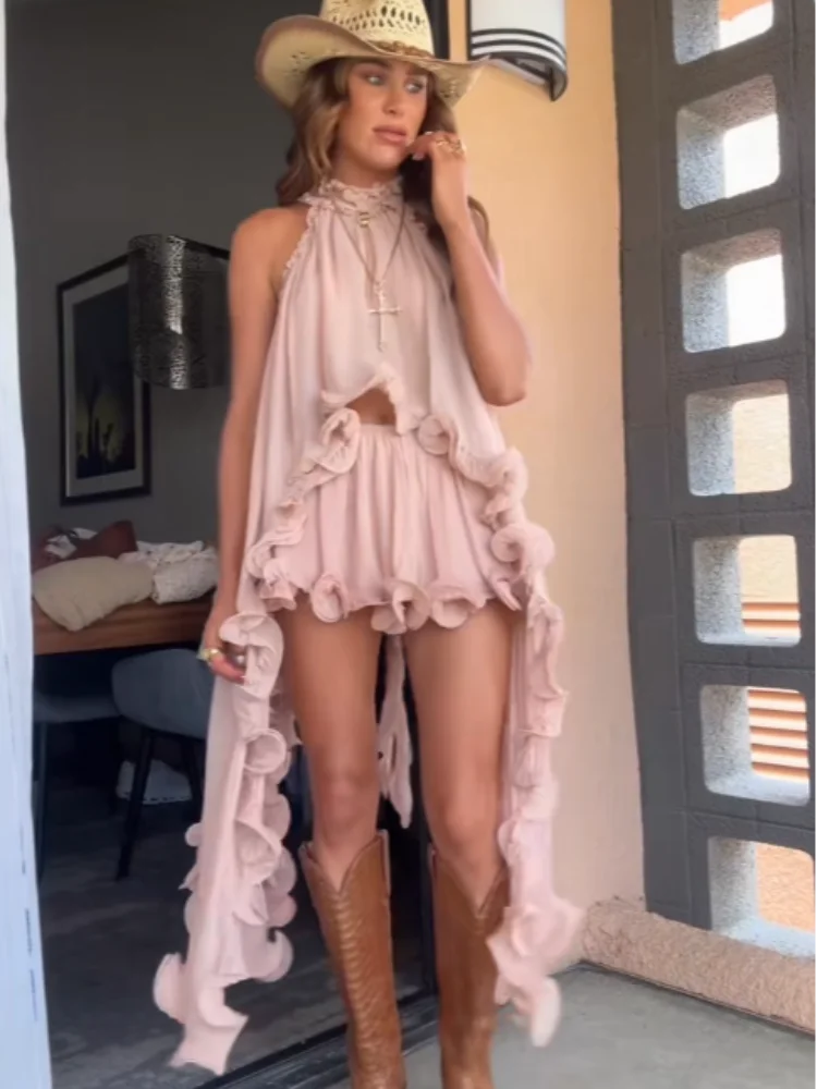 Sexy Ruffles Hem Top Skirt Sets Two Pieces Vintage Sweet Sleeveless Lace Up Crop Tops Low Waist Skirt Summer Lady Clothes Sets