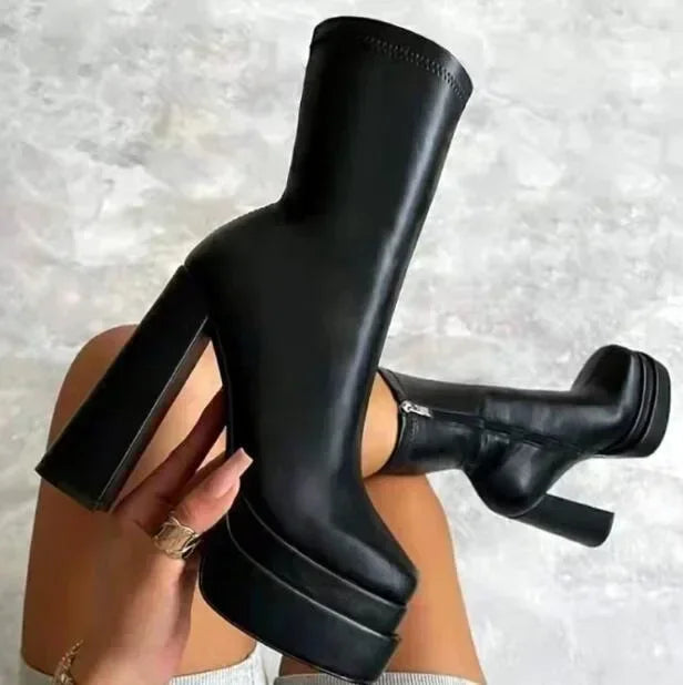 Winter Chunky High Heels Ankle Shoes for Women Punk Style Zipper Thick Platform Elasticity Microfiber Boots Botines Mujer 204