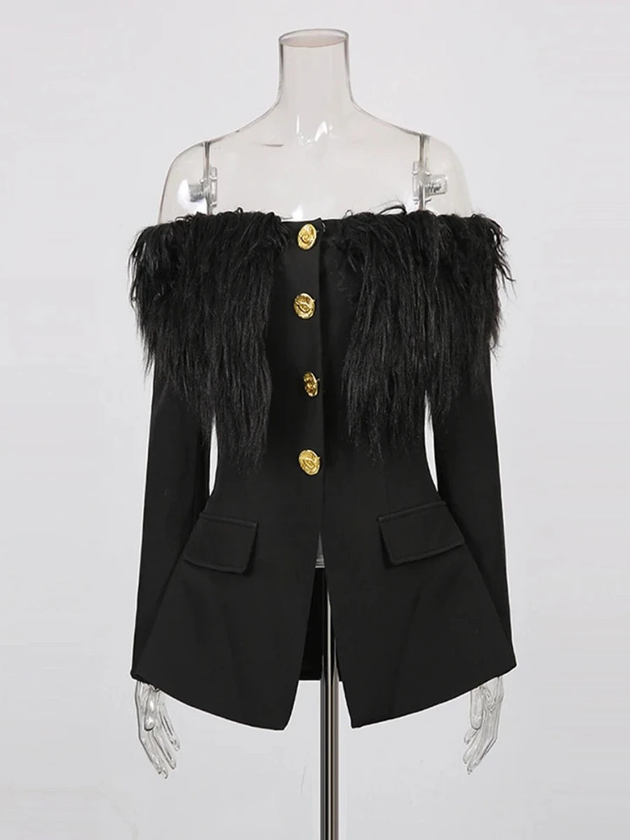 Sculpted Faux Fur Patchwork Slash-Neck Gold-Button Jacket — Black | KIMLUD