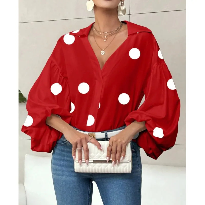 Boho Puff Sleeve Polka Dot Blouse — White | KIMLUD