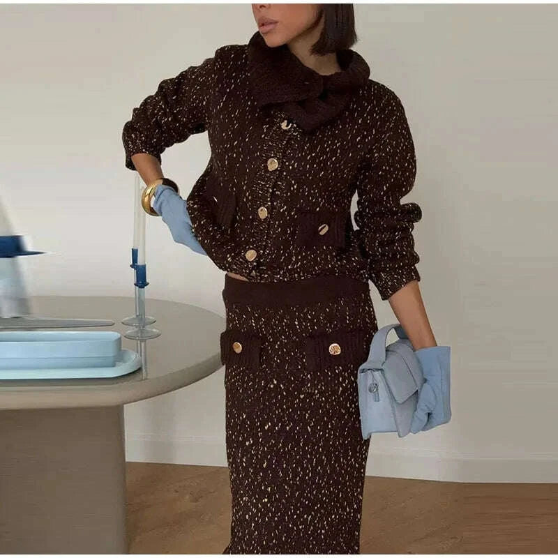 Fashion Knitted Long Skirts Sets Women Lapel Full Sleeve Single Breasted Sweater Hip Package Slim Skirt 2026 Spring Lady Outfits