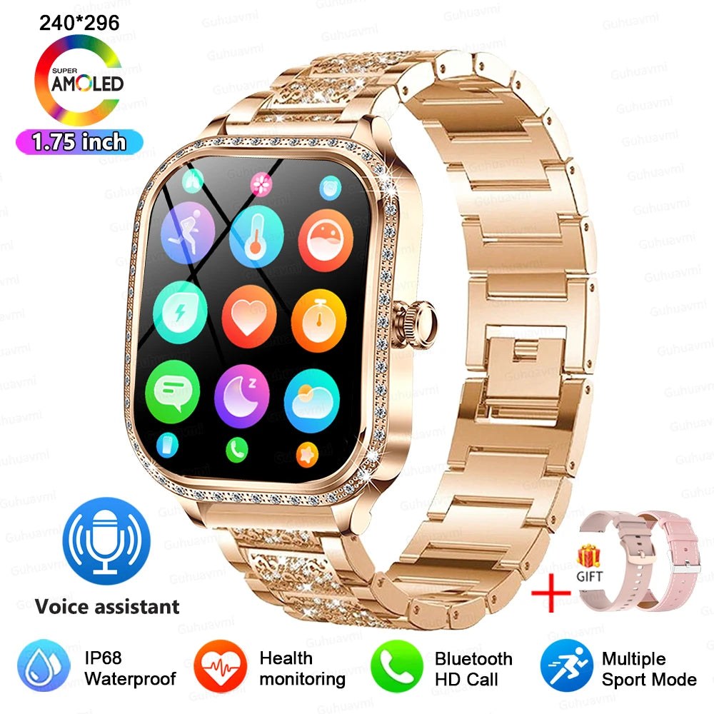 KIMLUD, 2025 New Lady Smart Watch Women AMOLED Curved Screen IP68 Waterproof Health Call Smartwatch For Samsung Huawei Apple Watch 4 ios, diamond Gold 2A / samrt watch, KIMLUD APPAREL - Womens Clothes