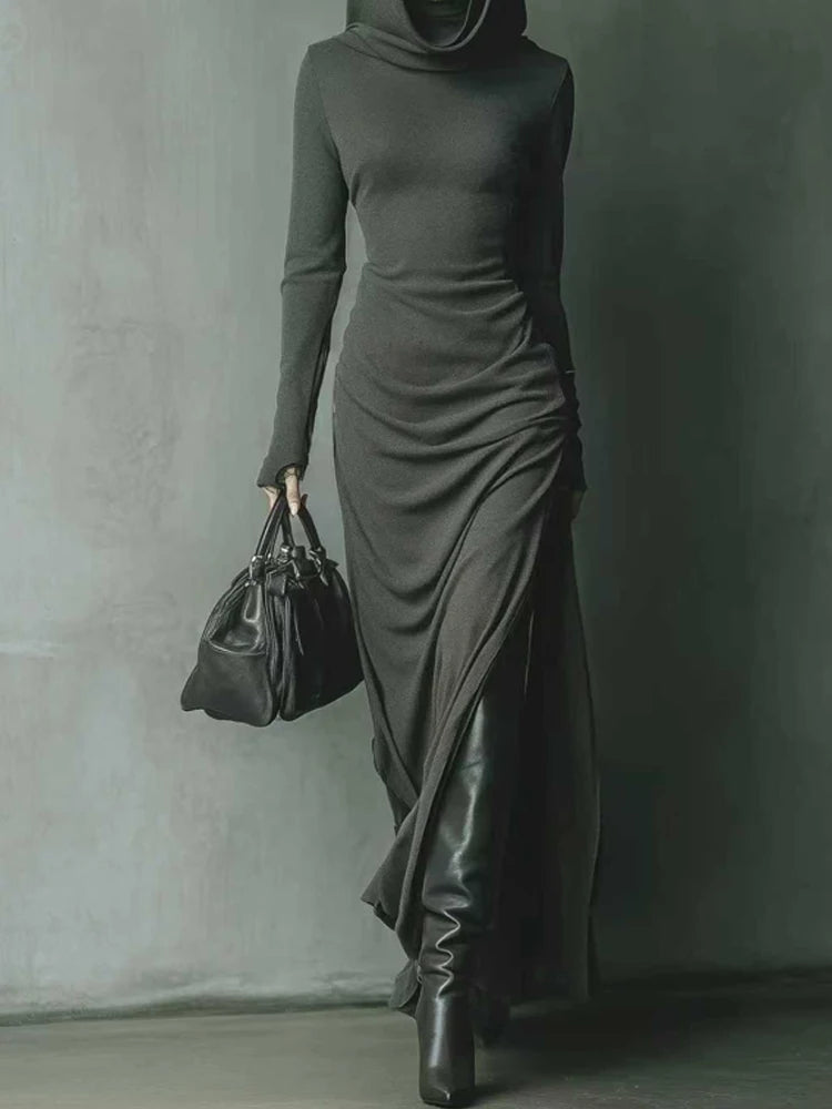Casual Long Sleeve Solid Color Sport Dress Elegant Hight Waist Pleat Side Long Dresses Women's Fashion Long Sleeve Hooded Dress