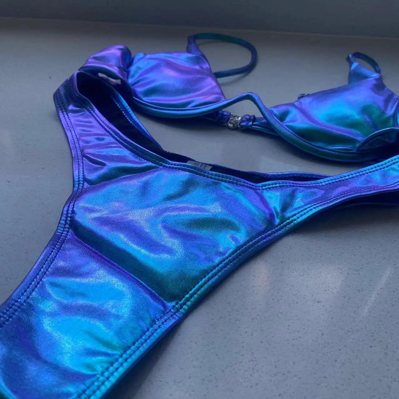 Holographic Triangle Bikini Push Up Thong Bandage Two-Piece Swimsuit — Blue | KIMLUD