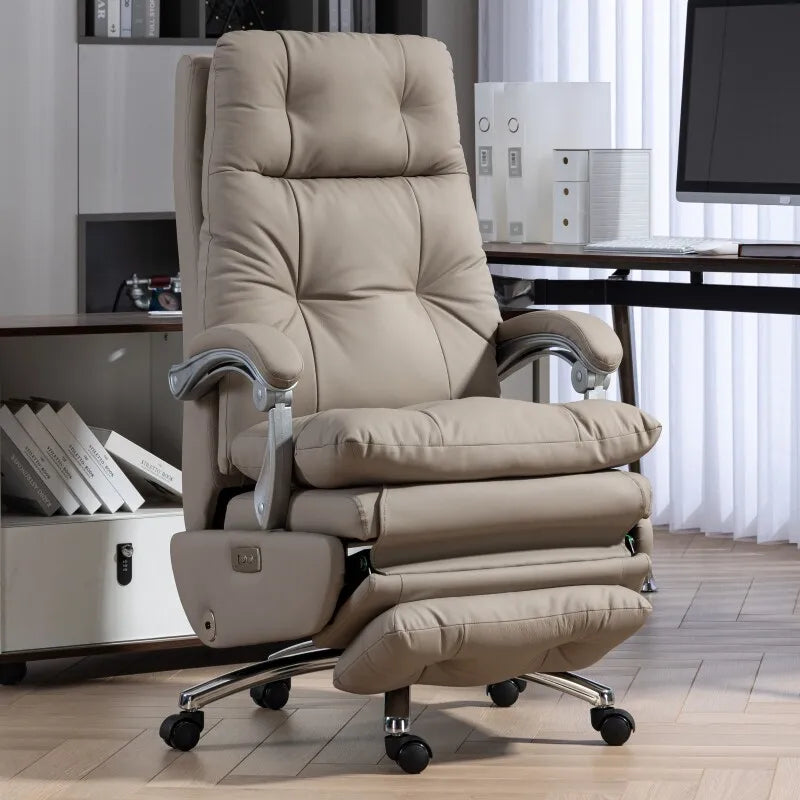 Leather Executive Office Chair Electric Lift Ergonomic Reclining Support — Beige | KIMLUD