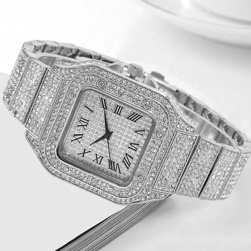 2PCS Set Watches for Men Fashion Casual Watches Simple Mens Square Dial Quartz Wristwatches Clock Necklace Set - KIMLUD