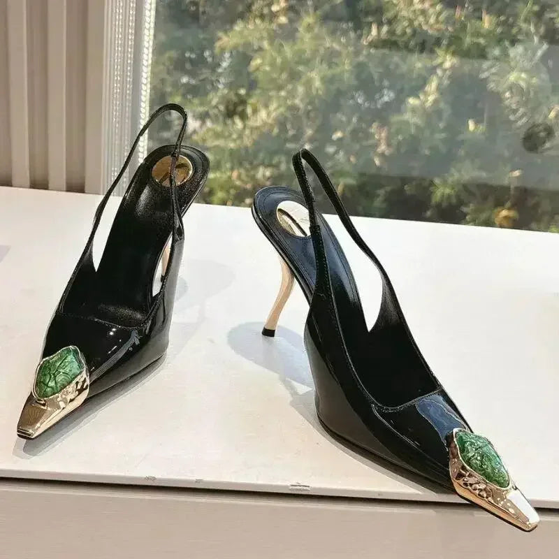Metal Jewel Decoration Heels Pointed Toe Patent Leather — Black | KIMLUD