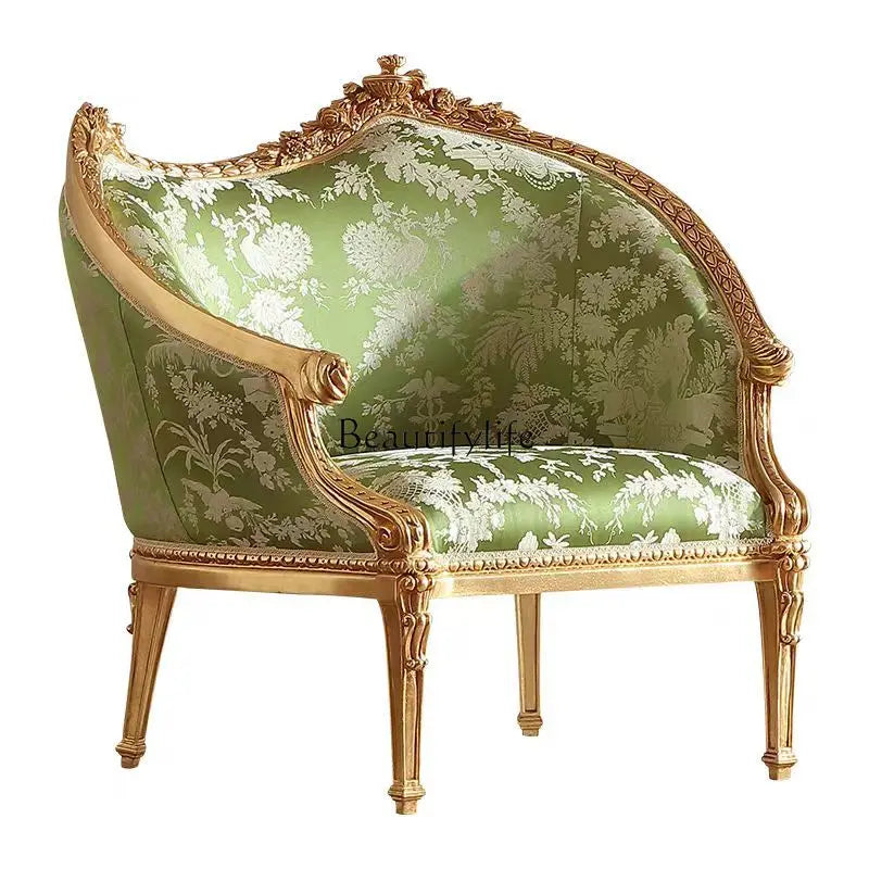 *French retro solid wood carving flower sofa chair European villa living room fabric leisure chair