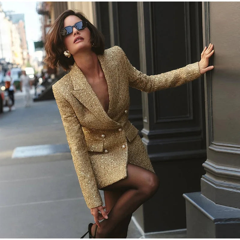 Elegant V-neck Sequin Blazer Women Double Breasted Full Sleeves Solid Slim Jackets Lady 2025 Autumn Formal Female Outwears New
