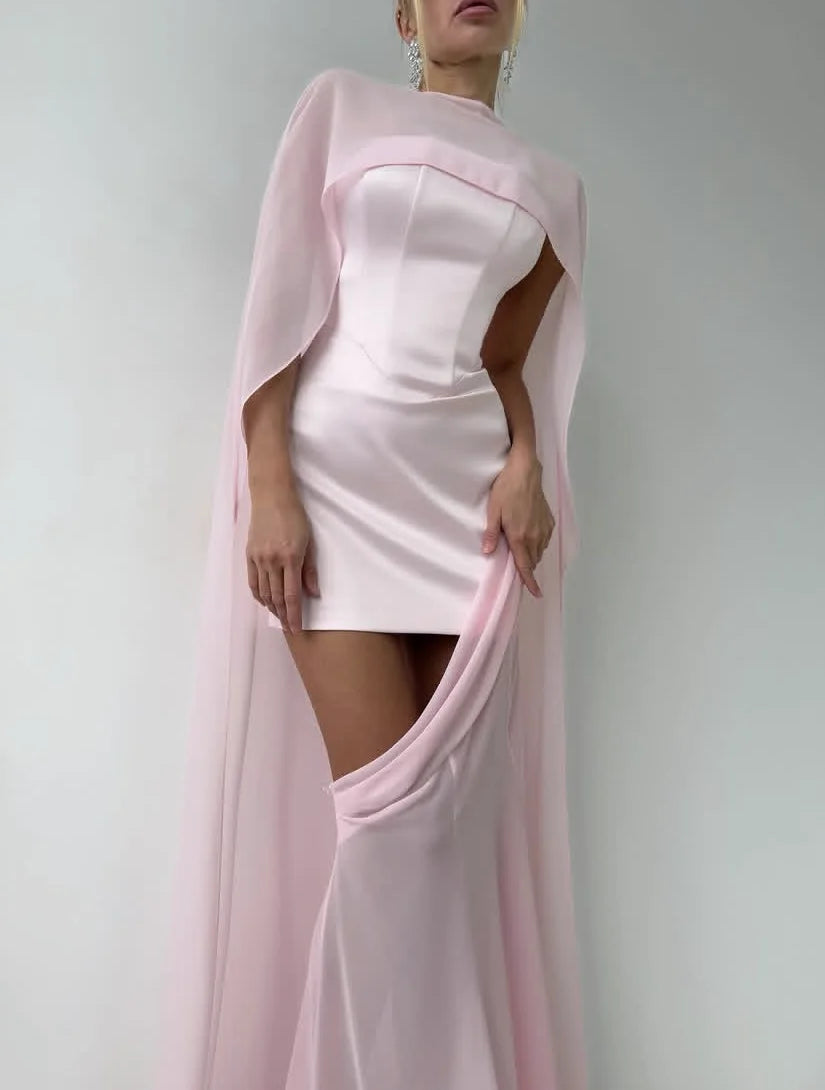 Pink Formal Dress with Cloak Backless Custom Made Sexy Prom Gowns See Through Chiffon Spaghetti New Couture Long Prom Dresses