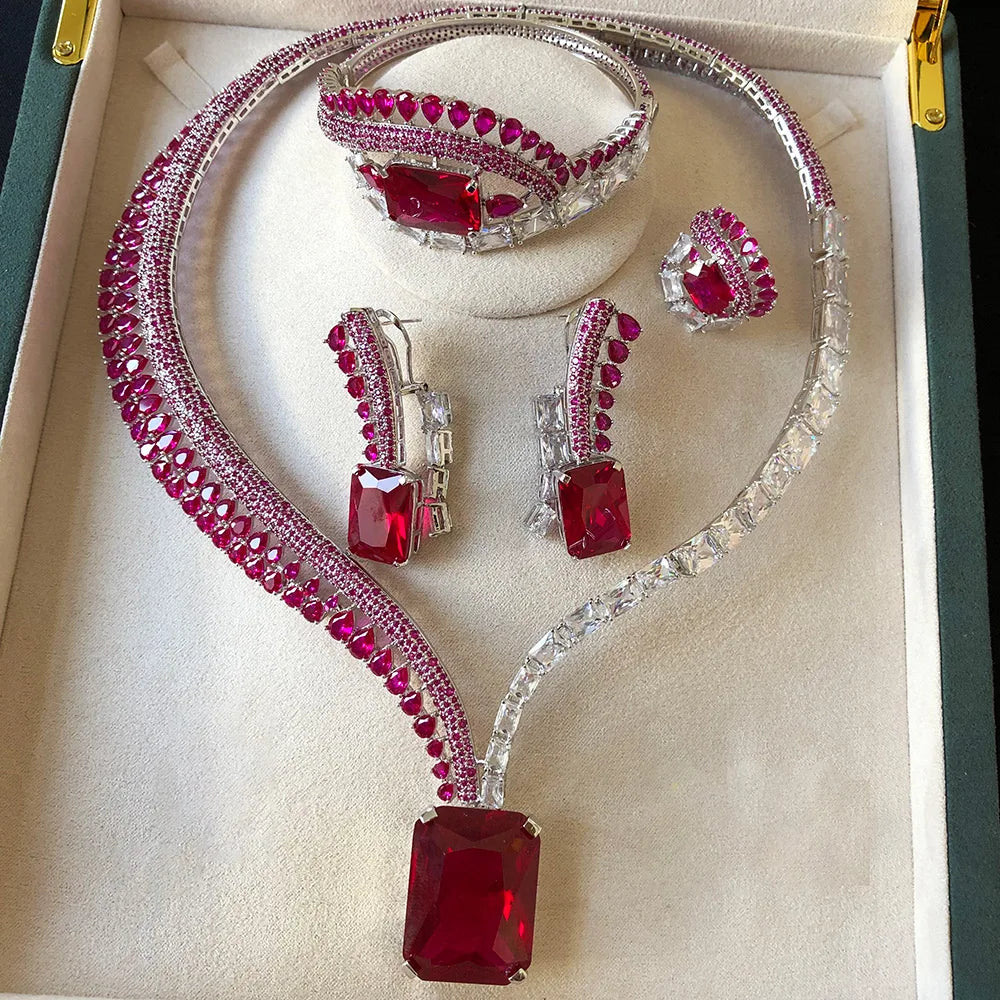 GODKI New Trendy 4PCS Pink Multi Luxury Feather Jewelry Set For Women Wedding Party Zircon Crystal Dubai Bridal Necklace Gift