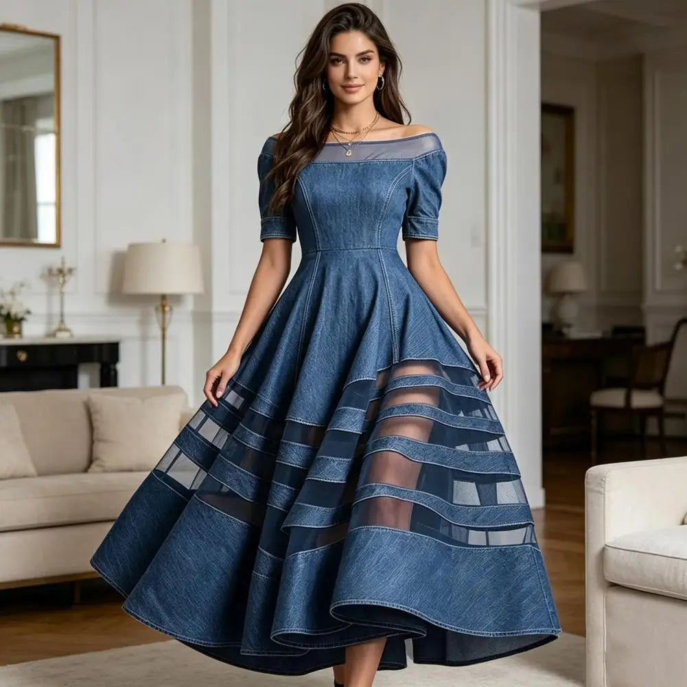 Polyester Patchwork Mesh Off Shoulder Dress — Blue | KIMLUD