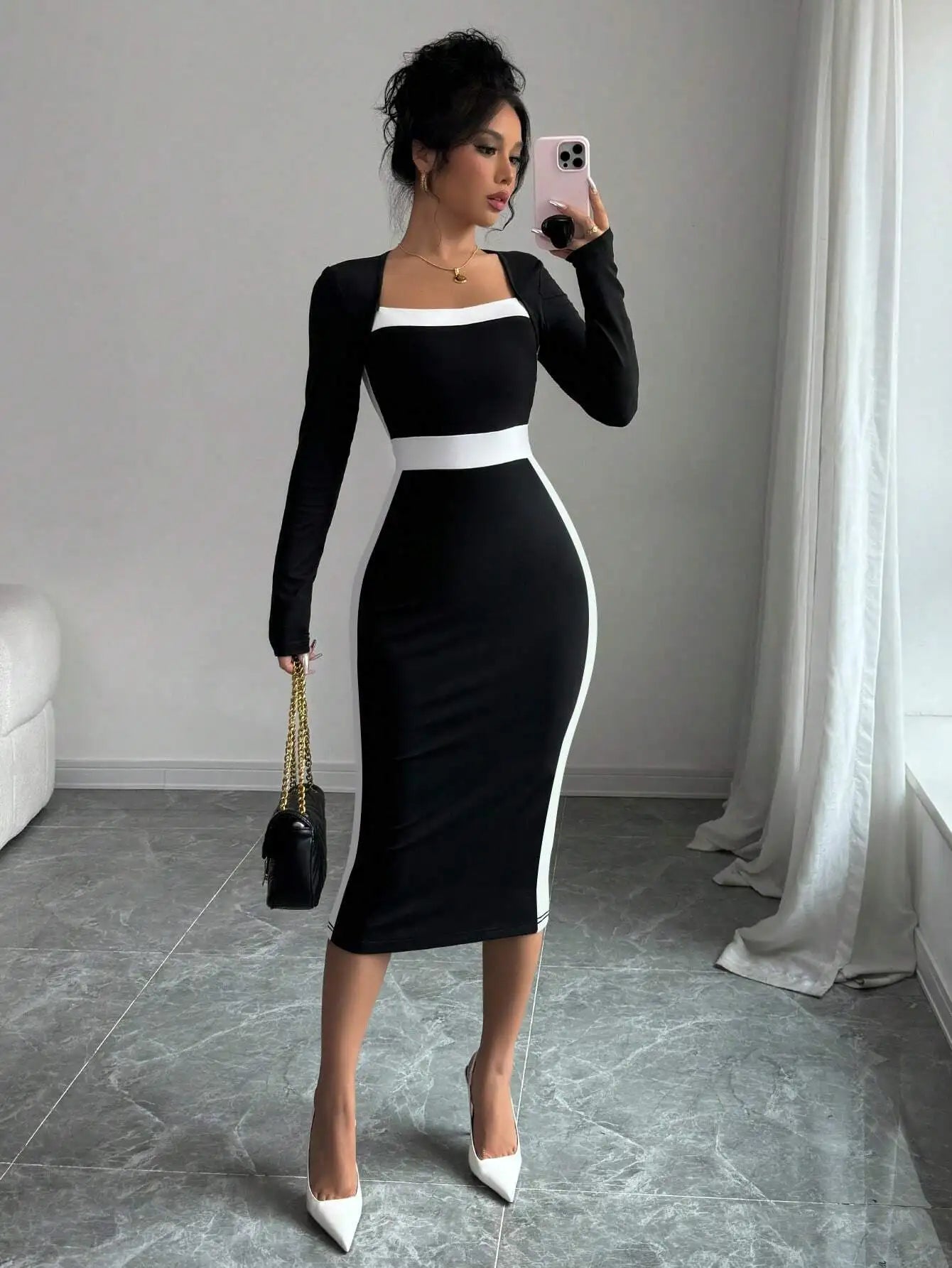 Autumn Winter Sweater Dress for Women 2024 New Arrivals Square Neck High Waist Long Knitted Dress Korean Maxi Dresses - KIMLUD