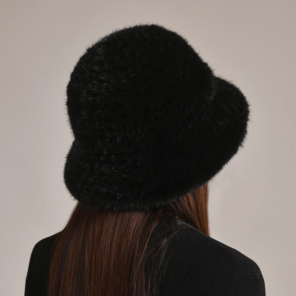 Woman Hat Winter Solid Mink Caps With Flower Natural Mink Fur Hats New Russian Girl Soft Knitting Real Fur Bucket Hats 2025 Warm