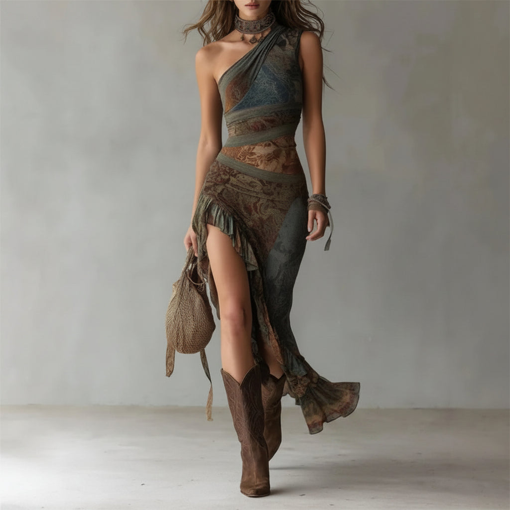 Woman in a stylish dress with fringe and high slit, paired with brown boots and a woven bag, against a plain background.
