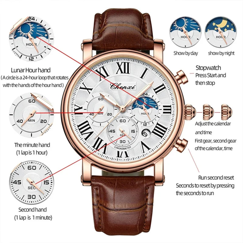 Leather Multi-Function MoonPhase Wristwatch — Black | KIMLUD