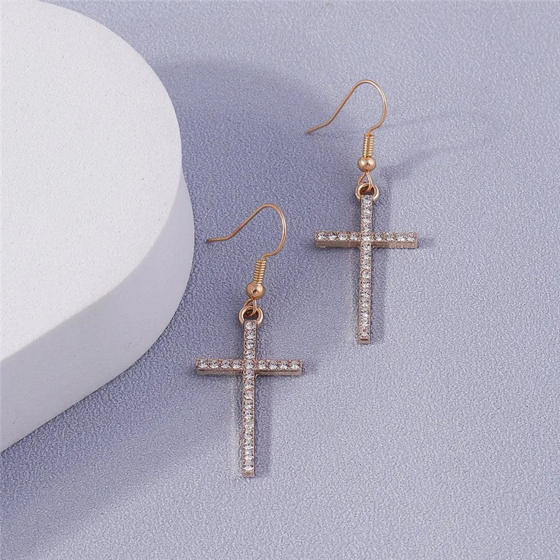 Silver-Tone Cross Earrings Zircon Crystal Dangle — Silver | KIMLUD