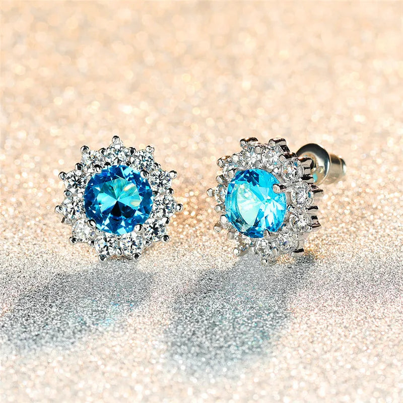 Copper Stud Earrings Round Cubic Zirconia — Water Blue | KIMLUD