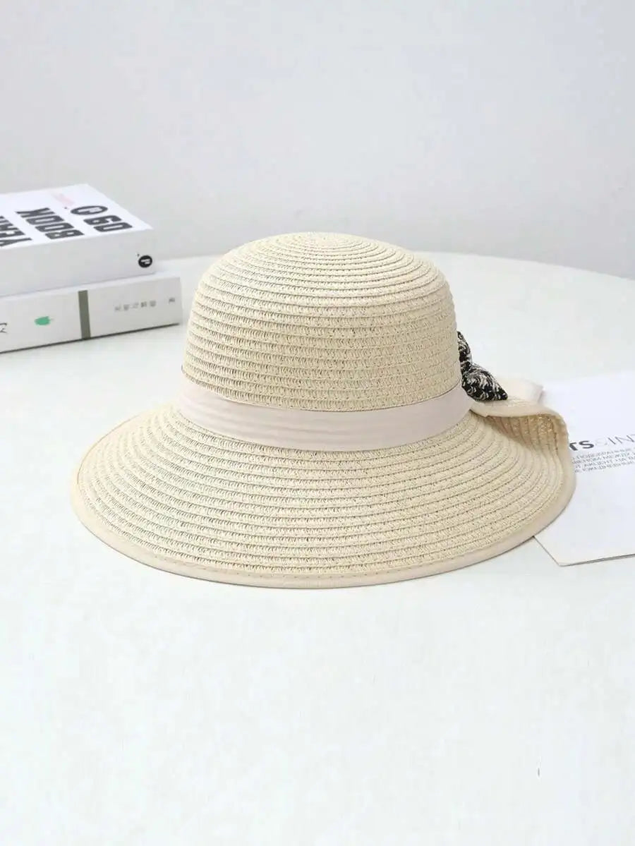 Womens Solid Color Wide Brim Straw Hat With Red Band French Elegant Casual Sun Protection Hat For Beach Vacation Travel