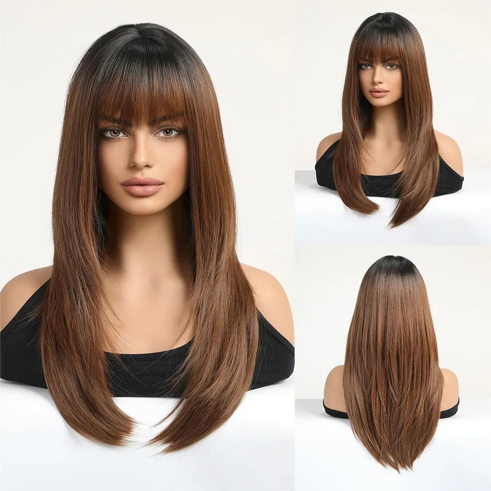 ALAN EATON Chestnut Brown Synthetic Wig with Bangs Long Straight Wig Natural Layered Hair Smooth Soft Daily Wig Heat Resistant