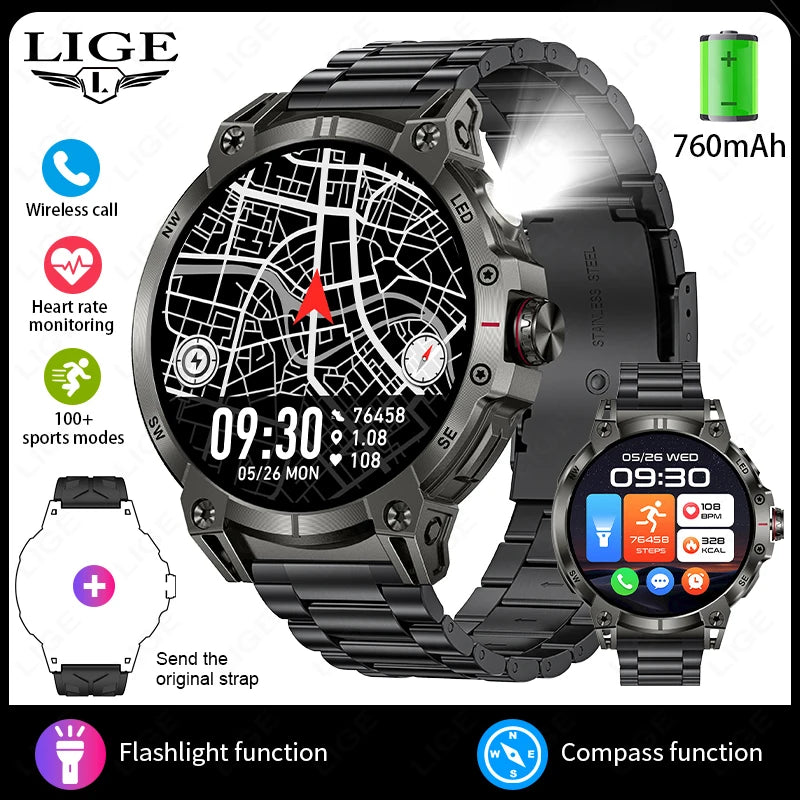 2025 New Military Compass Smart Watch Men 1.85"HD Large Screen Heart Rate Bluetooth Call Waterproof Smartwatch Reloj Inteligente
