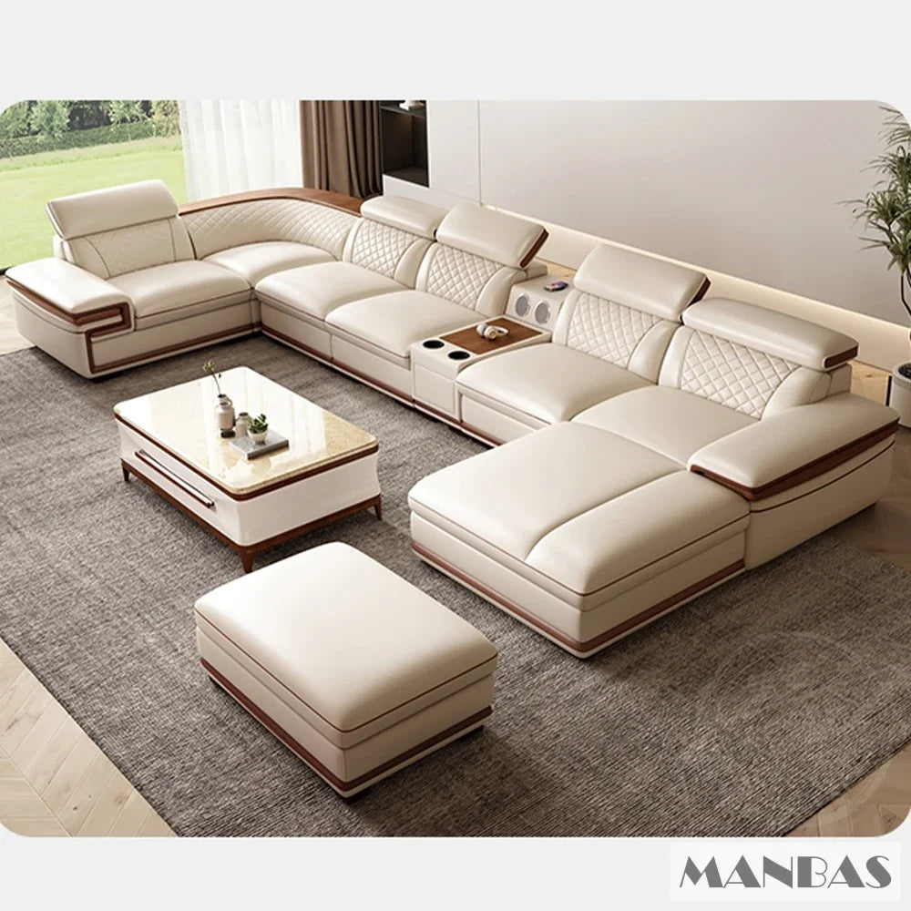 Genuine Italian Leather Sofa Set With Adjustable Headrests — Ivory | KIMLUD