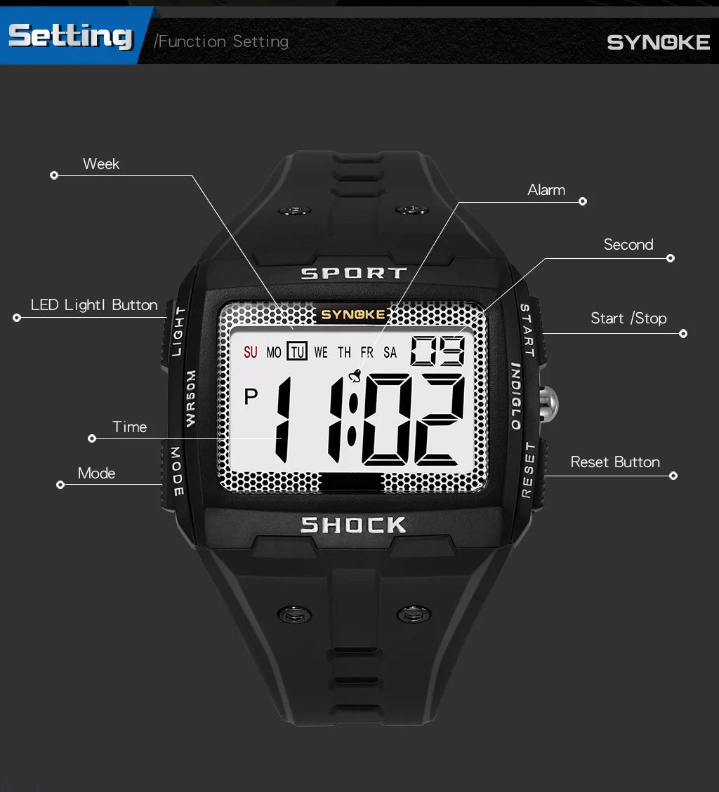 Digital Wristwatch Men's Sports Electronic Watch Waterproof Luminous Large Screen Watch Fashion Casual Students Wristwatch