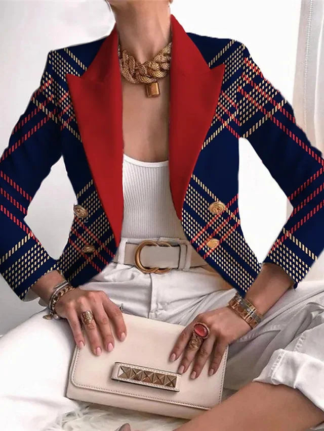 Suits & Sets – Plaid Blazer Notched Collar – Polyester | KIMLUD