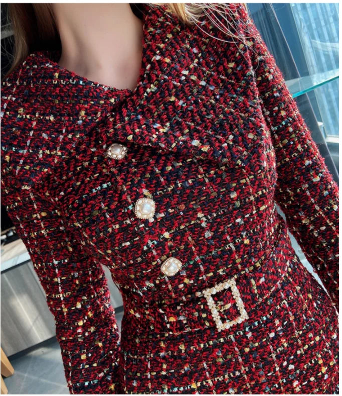 Tweed Dress Asymmetric Large Lapel Slimming — Black | KIMLUD