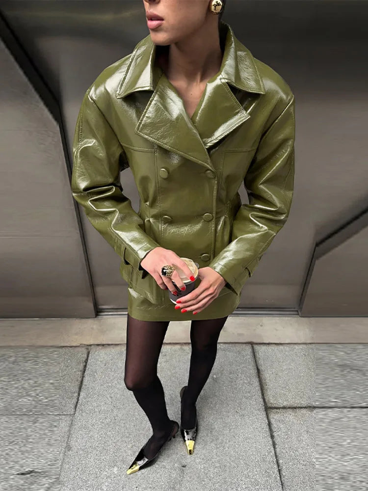 Casual Pu Leather Loose Women Jacket Belt Full Sleeve Stand Collar Zippers Female Coat 2026 Spring Autumn Lady Streetwears