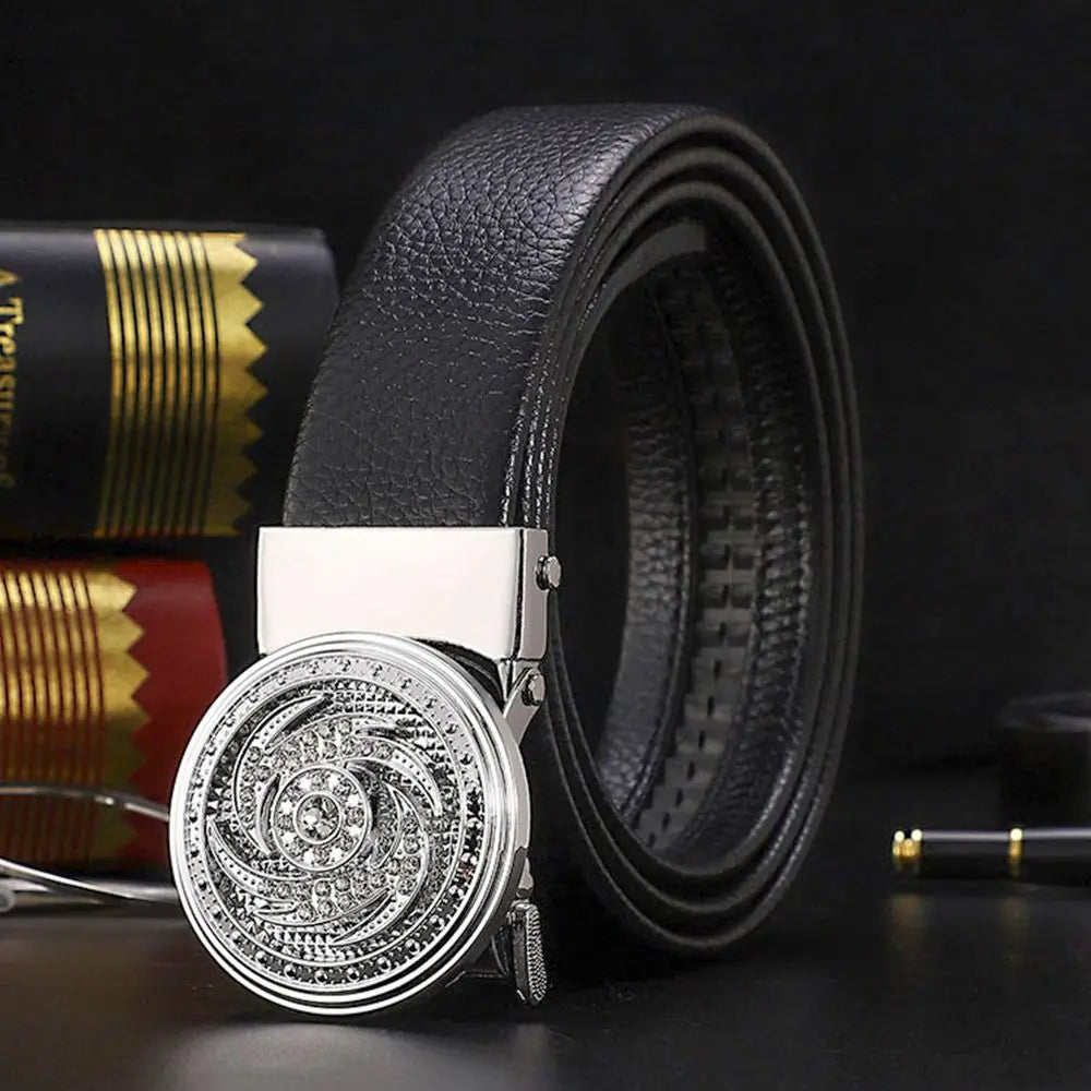 Leather Belt Rhinestone Buckle Automatic — Black | KIMLUD
