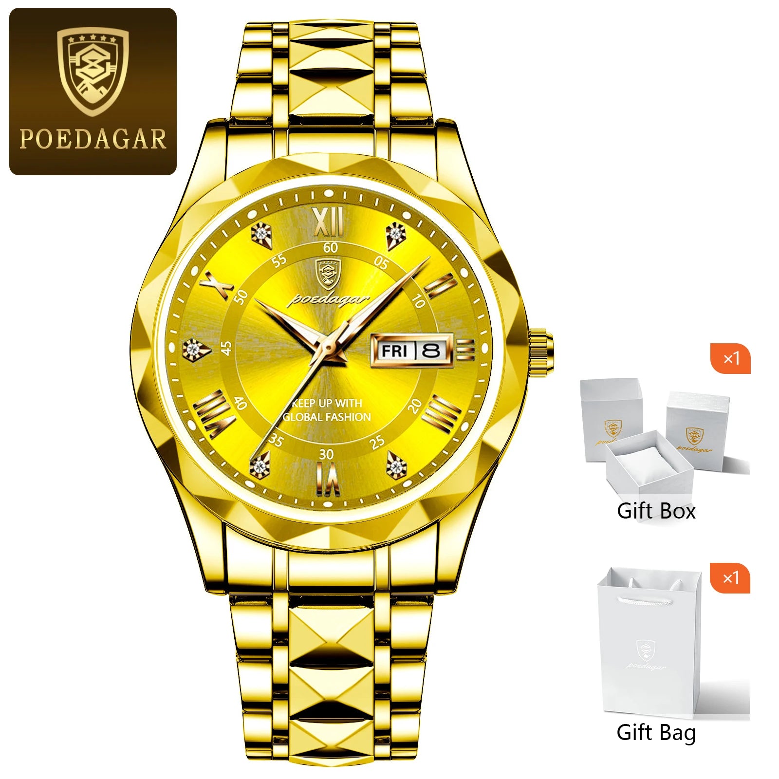 POEDAGAR Luxury Men's Watches Waterproof Luminous Date Week Watch For Man Stainless Steel Quartz Casual Men Wristwatch+Box Gift