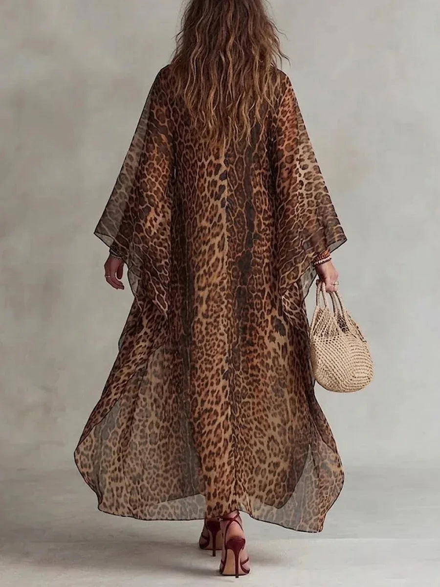 Leopard Print Maxi Dress – Deep V Neck Batwing Sleeve – Polyester | KIMLUD