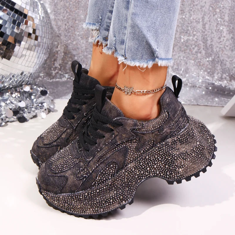 Women's Sneakers – Crystal Embellished Platform – PU Insole | KIMLUD