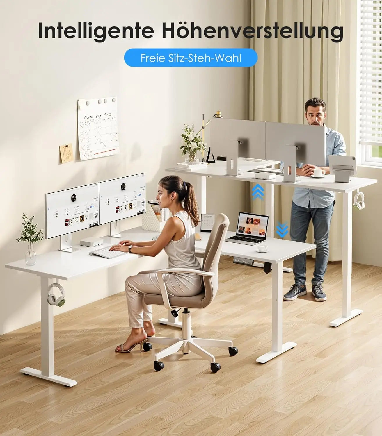 OffiGo L-Shaped Height Adjustable desk 180x140 cm desk Height Adjustable Electric White